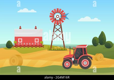Trattore agricolo agricolo su terreni del villaggio, paesaggio ranch paesaggio paesaggio illustrazione vettoriale. Cartoon macchine agricole che lavorano su campi agricoli con fienate, fienate casa su fondo collina Illustrazione Vettoriale