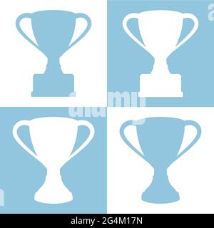 Set vettoriale di sagome di coppe trofeo su sfondo bianco e azzurro. Illustrazione Vettoriale