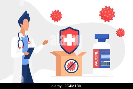Protezione del coronavirus, misure antivirus, illustrazione del concetto di vaccinazione vettoriale. Cartoon uomo medico personaggio tenendo telefono, in piedi accanto alla scatola di consegna con vaccino medico bottiglia sfondo Illustrazione Vettoriale