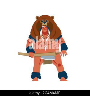 Guerriero del Sud America, Maya, Azteco o guerriero barbaro Inca con maschera da guerra, con un casco da orso e con l'arma tradizionale. Piatto, cartone animato Illustrazione Vettoriale