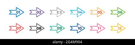 Frecce colorate isolate su sfondo bianco. Punti elenco numeri da uno a dodici. Illustrazione Vettoriale