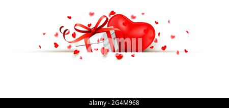 Scatola in cartellone con cuore rosso lucido e coriandoli parzialmente nascosti dietro un banner. Illustrazione Vettoriale