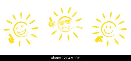 set di icone del sole disegnate a mano con diversi gesti delle mani Illustrazione Vettoriale