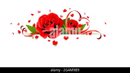 Bouquet di rose rosse con nastro a forma di cuore e confetti cuore Illustrazione Vettoriale