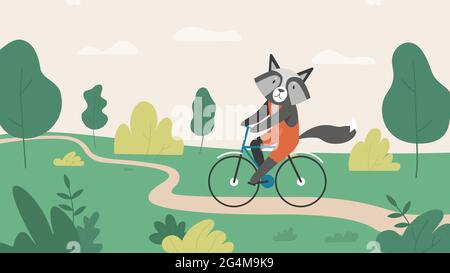 Raccoon animali equitazione in bicicletta o in bicicletta sulla strada di campagna villaggio in estate verde paesaggio illustrazione vettoriale. Cartoon carino raccoon personaggio ciclismo, in viaggio in estate vacanza background Illustrazione Vettoriale