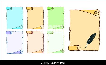 Rotolo di carta vecchio in multicolore, insieme di sette con trapillo come elementi grafici Illustrazione Vettoriale
