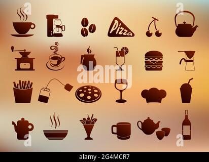 Icona caffè impostata in colore caffè o cioccolato su sfondo sfocato Illustrazione Vettoriale