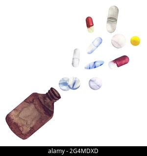 Pillole bottiglia di acquerello illustrazioni isolato su bianco Foto Stock