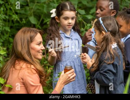 La Duchessa di Cambridge offre ai bambini del miele da provare durante la sua visita al Museo di Storia Naturale, nel centro di Londra. Data immagine: Martedì 22 giugno 2021. Foto Stock