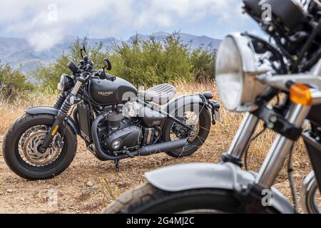 Moto in stile retrò. Triumph Bobber, Royal Enfield 650 Interceptor parcheggiato su terreno accidentato con il Monte Teide alle spalle a Tenerife, Isole Canarie, SPAI Foto Stock