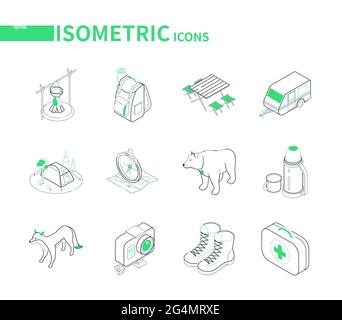 Attrezzature da campeggio e da trekking - set di icone isometriche. Vacanze emozionanti all'aperto, avventura, backpacking idea. Falò, tenda, bussola, stivali, prima Illustrazione Vettoriale