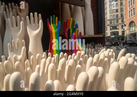 New York, Stati Uniti. 21 Giugno 2021. Gay Pride mostra nella finestra del negozio di articoli per la casa di pesce Eddy nel quartiere Flatiron di New York lunedì 21 giugno 2021. (Foto di Richard B. Levine) Credit: Sipa USA/Alamy Live News Foto Stock