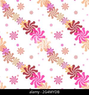 Illustrazione astratta di motivi floreali bianchi senza cuciture con colori rosa, viola e arancione. Foto Stock
