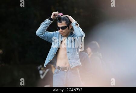 Ritratto di un membro di un club giapponese di rockabilly nel Parco di Yoyogi vicino a Harajuku, Tokyo, Giappone Foto Stock