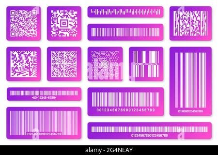 Codici a barre e codici QR dei prodotti moderni e colorati. Codice di identificazione. Numero di serie, ID prodotto con informazioni digitali. Negozio o supermercato Illustrazione Vettoriale