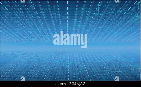 Tecnologia futuristica astratta connessa a puntini su sfondo blu scuro. Connessione Internet. Arte e illustrazione Foto Stock