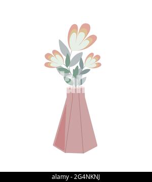 Vaso bohémien con fiori fantasia in semplice stile piatto astratto vettore colorato illustrazione, minimalista alla moda accogliente concetto di casa, biglietto d'auguri romantico, invito Illustrazione Vettoriale