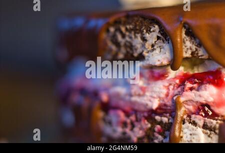 Primo piano macrofotografia di Wuzetka completo Dessert torta di cioccolato con torta di panna bianca originato in Polonia, Pasticceria con cioccolata calda o crema Foto Stock