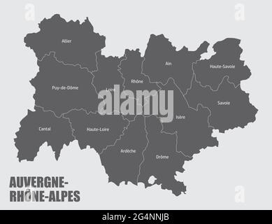 Auvergne-Rhone-Alpes mappa amministrativa divisa in dipartimenti con etichette, Francia Illustrazione Vettoriale