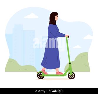 Giovane donna attiva che guida scooter elettrico a piedi. Illustrazione Vettoriale