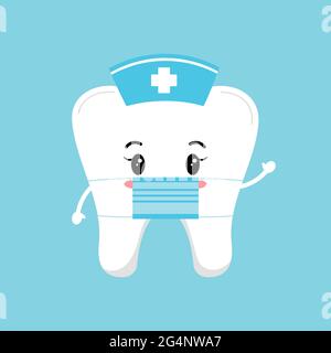 Carino infermiere dente con cappuccio medico e maschera chirurgica. Illustrazione Vettoriale