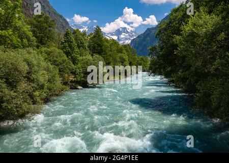 Parco Nazionale di Ecrins: Il fiume Severaisse in estate con il picco Jocelme in lontananza. Valgaudemar Valley. Hautes-Alpes (Alpi francesi). Francia Foto Stock