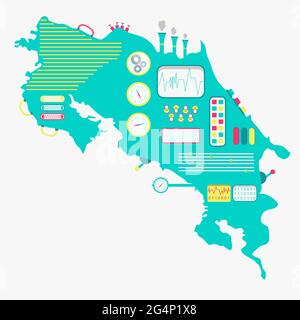 Mappa del Costa Rica come una macchina carina con pulsanti, pannelli e leve. Isolato. Sfondo bianco. Illustrazione Vettoriale