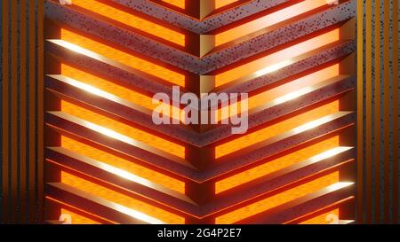 Un rendering 3D di una struttura metallica con un design in metallo fresco e colori fuoco vibranti Foto Stock