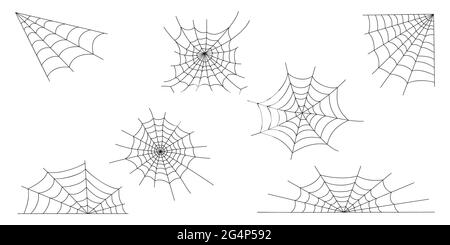 Le icone Cobweb vengono isolate su sfondo bianco. Spider web textures, elementi per la decorazione di Halloween party. Illustrazione vettoriale. Illustrazione Vettoriale