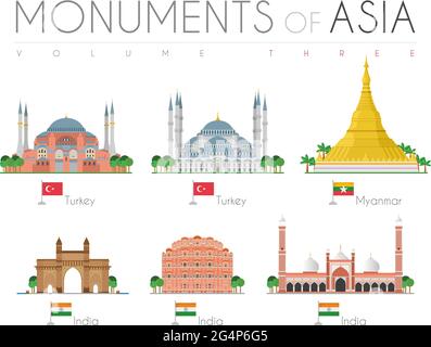 Monumenti dell'Asia in stile cartoon Volume 3: Hagia Sophia e Moschea Blu (Turchia), Shwedagon Pagoda (Myanmar), porta dell'India, Hawa Mahal e Jama Mas Illustrazione Vettoriale