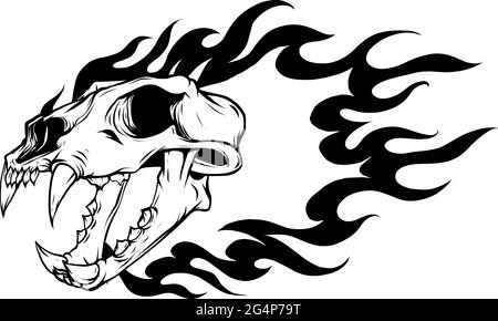 Illustrazione vettoriale del cranio tigre silhouette con fiamme Illustrazione Vettoriale