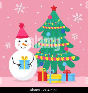 Un pupazzo di neve in un caldo cappello rosa con un bubo pone un regalo in un mucchio di regali sotto un albero di Natale decorato con ghirlande di cuori e palle. Lo sfondo rosa di un biglietto di auguri, aggiungere del testo. Illustrazione Vettoriale