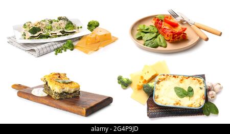 Set di gustose lasagne fatte in casa su sfondo bianco Foto Stock