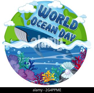 Banner Giornata Mondiale dell'Oceano con balena nell'oceano illustrazione isolata Illustrazione Vettoriale