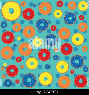 Motivo senza cuciture con ciambelle in smalto colorato in stile pop art, dolci assortiti per bambini, pasticceria per il design del menu, decorazione del caffè Illustrazione Vettoriale