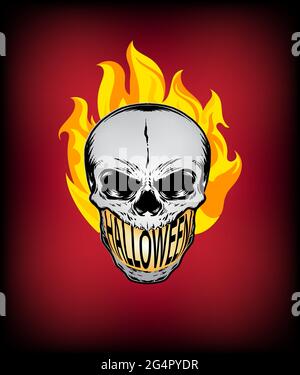 Cranio di Halloween con fiamme di fuoco e testo. Grafica vettoriale modificabile. Illustrazione Vettoriale