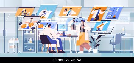 mix di ricercatori di razza discutere durante la videochiamata scienziati che fanno esperimenti chimici ingegneria molecolare Illustrazione Vettoriale