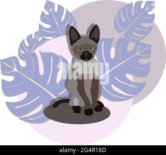 Il gattino siamese dagli occhi blu guarda sul. Gatto carino con foglie azzurre esotiche sullo sfondo. Cartoon bambino animale illustrazione. Illustrazione Vettoriale