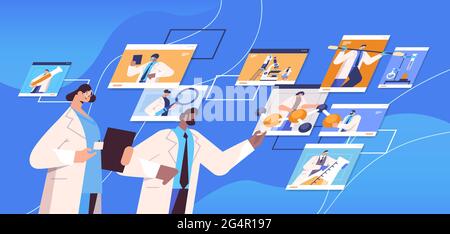 mix di ricercatori di razza discutere durante la videochiamata scienziati che fanno esperimenti chimici ingegneria molecolare Illustrazione Vettoriale