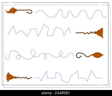 handwriting gioco di addestramento per i bambini, punto a punto, scopa della strega, halloween. vettore isolato su uno sfondo bianco Illustrazione Vettoriale