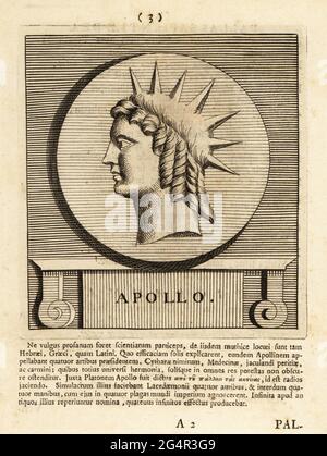 Apollo, dio greco dell'arcieria, della musica e della danza, della verità e della profezia, della guarigione, della poesia, Incisione su copperplate di Pieter Bodart (1676-1712) da Henricus Spoor's Deorum et Heroum, virorum et mulierum Illustrium imagines Antiquae Illustatae, dei ed Eroi, uomini e donne, Illustrated with Antique Images, Petrum, Amsterdam, 1715. Pubblicato per la prima volta come Favissæ utriusque antiquitatis tam Romanæ quam Græcæ nel 1707. Henricus Spoor era un medico olandese, studioso di musica classica, poeta e scrittore, fl. 1694-1716. Foto Stock