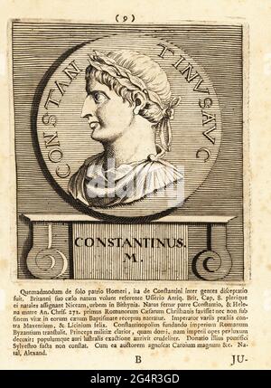 Ritratto di profilo di Costantino i, c.. 272-337, o Costantino il Grande, imperatore romano dal 306 al 337. Constantinus M. Constantivusa VC. Incisione su copperplate di Pieter Bodart (1676-1712) da Henricus Spoor's Deorum et Heroum, virorum et mulierum Illustrium imagines Antiquae Illustatae, dei ed Eroi, uomini e Donne, Illustrated with Antique Images, Petrum, Amsterdam, 1715. Pubblicato per la prima volta come Favissæ utriusque antiquitatis tam Romanæ quam Græcæ nel 1707. Henricus Spoor era un medico olandese, studioso di musica classica, poeta e scrittore, fl. 1694-1716. Foto Stock