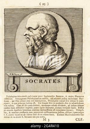 Socrates, c.. 470 – 399 a.C., filosofo greco di Atene, uno dei fondatori della filosofia occidentale. Socrates. Incisione su copperplate di Pieter Bodart (1676-1712) da Henricus Spoor's Deorum et Heroum, virorum et mulierum Illustrium imagines Antiquae Illustatae, dei ed Eroi, uomini e Donne, Illustrated with Antique Images, Petrum, Amsterdam, 1715. Pubblicato per la prima volta come Favissæ utriusque antiquitatis tam Romanæ quam Græcæ nel 1707. Henricus Spoor era un medico olandese, studioso di musica classica, poeta e scrittore, fl. 1694-1716. Foto Stock