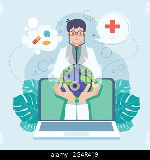 L'illustrazione di giorno dei medici indica il servizio dei medici in linea Illustrazione Vettoriale