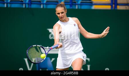 Eastbourne, Inghilterra, 22 giugno 2021 Karolina Pliskova della Repubblica Ceca in azione contro Camila Giorgi d'Italia durante la sua prima partita al torneo di tennis 2021 Viking International WTA 500 il 22 giugno 2021 al Devonshire Park Tennis di Eastbourne, Inghilterra - Foto Rob Prange / Spagna DPPI / DPPI / LiveMedia Foto Stock