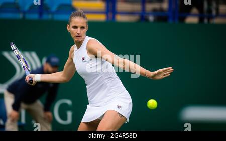 Eastbourne, Inghilterra, 22 giugno 2021 Karolina Pliskova della Repubblica Ceca in azione contro Camila Giorgi d'Italia durante la sua prima partita al torneo di tennis 2021 Viking International WTA 500 il 22 giugno 2021 al Devonshire Park Tennis di Eastbourne, Inghilterra - Foto Rob Prange / Spagna DPPI / DPPI / LiveMedia Foto Stock