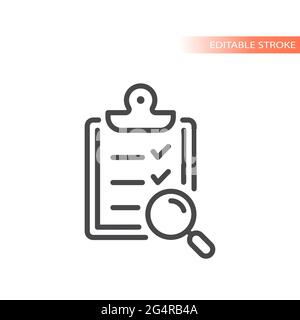 Clipboard con checklist e lente di ingrandimento. Segno di spunta e icona del vettore di linea di ingrandimento, tratto modificabile. Illustrazione Vettoriale