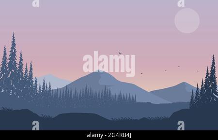 Vista realistica delle montagne con la foresta dalla periferia della città al tramonto. Illustrazione vettoriale Illustrazione Vettoriale