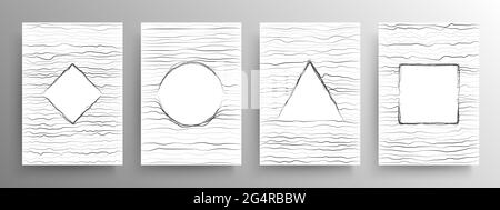 Set di poster con forme geomprova in stile di distorsione lineare. Figure astratte con linee orizzontali ondulate. Design per poster, cartellone e parete Illustrazione Vettoriale
