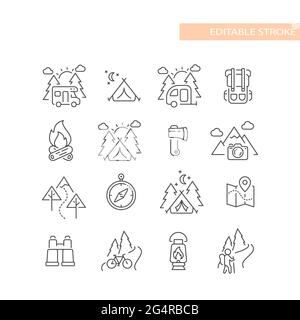 Outdoor, natura attività linea set di icone. Carino campeggio e icone escursionistiche, tratto modificabile. Illustrazione Vettoriale